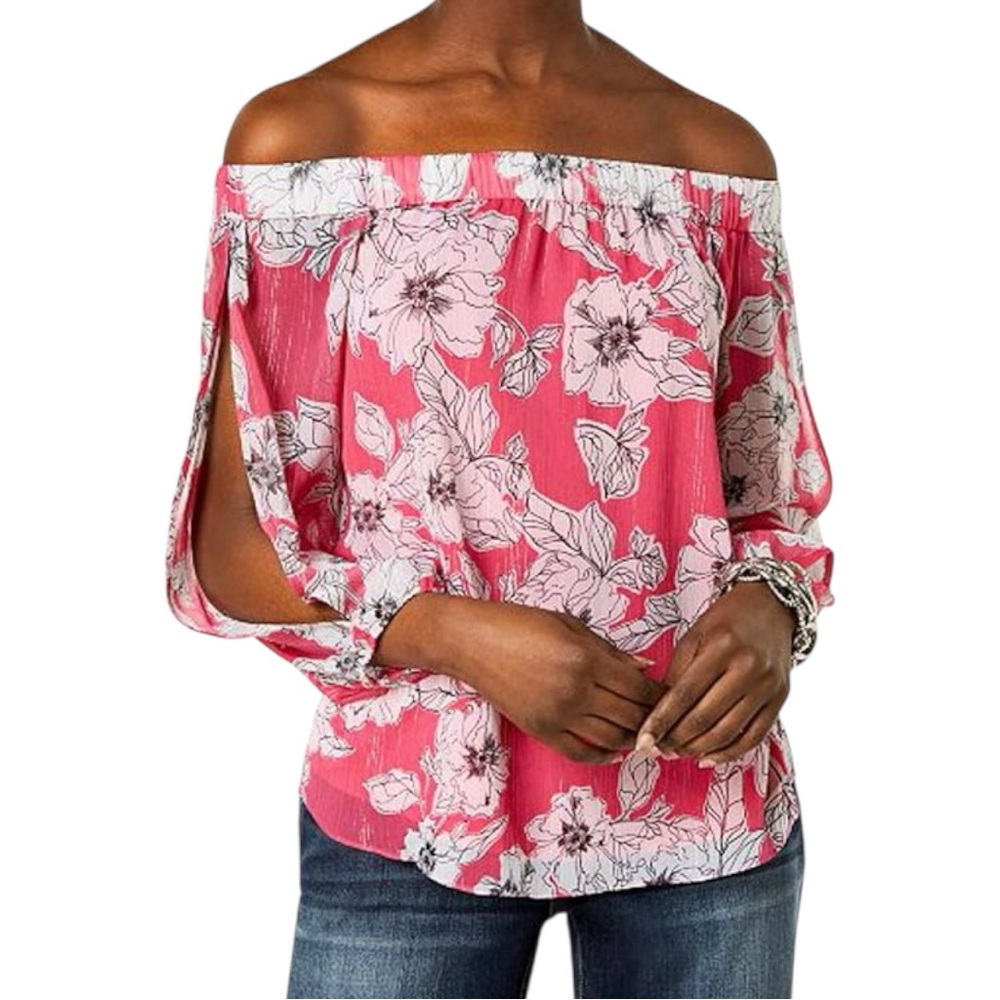 INC Hot Pink & White Floral Print Off the Shoulder Top with Split Flowy Sleeves